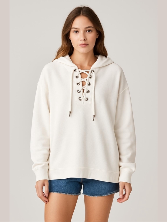 aerie Tops - Aerie White Oversized Cotton Lace Up Hoodie Pullover Sweatshirt